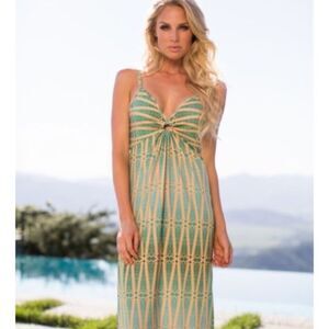 MIA MARCELLE Green Yellow Spaghetti Strap Swim Cover Up Maxi Dress Size Medium